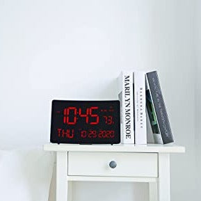 Kadams Large LED Digital Wall Clock, 10 inches - Dual Alarm Clock - Indoor Temperature - Calendar Display - Adjustable Brightness - Night Display - Dual Mounting Options (Red)