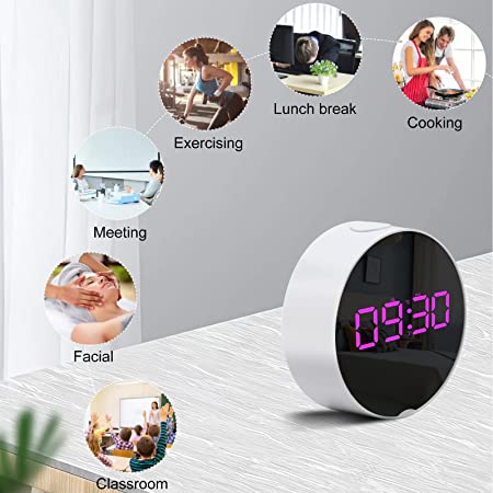 Kadams Round Digital Timer - Digital Clock Timer for Classroom, Home, Cooking in Kitchen, Office, Gym & Study, 3.7¡± LED Mirror Screen, Dual Alarm, Snooze, USB Charging, 12/24 Hour Time (Black)