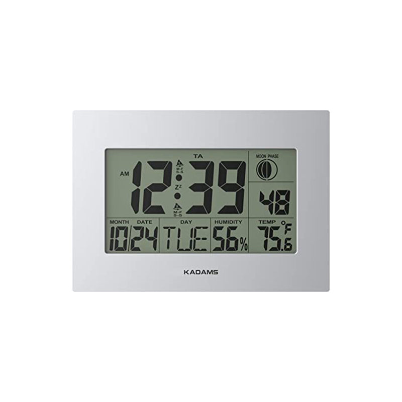 KADAMS Large Digital Wall Clock - Dual Alarm with Snooze Function - Wall Calendar - Moon Phase - Temperature & Humidity Display - Multiple Mounting Options - Battery Operated (Silver)