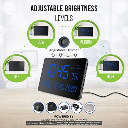 Kadams Large LED Digital Wall Clock, 10 inches - Dual Alarm Clock - Indoor Temperature - Calendar Display - Adjustable Brightness - Night Display - Dual Mounting Options (Blue)