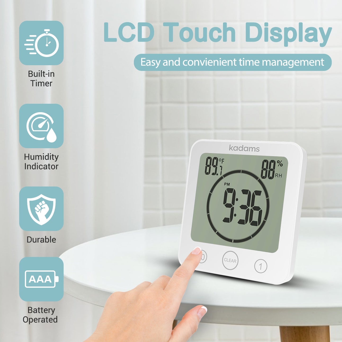 Digital Bathroom Shower Kitchen Clock Timer, Waterproof for Water Splashes - White