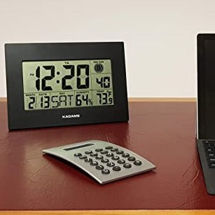 KADAMS Large Digital Wall Clock - Dual Alarm with Snooze Function - Wall Calendar - Moon Phase - Temperature & Humidity - Fold-Out Table Stand, Multiple Mounting Options - Battery Operated (Black)