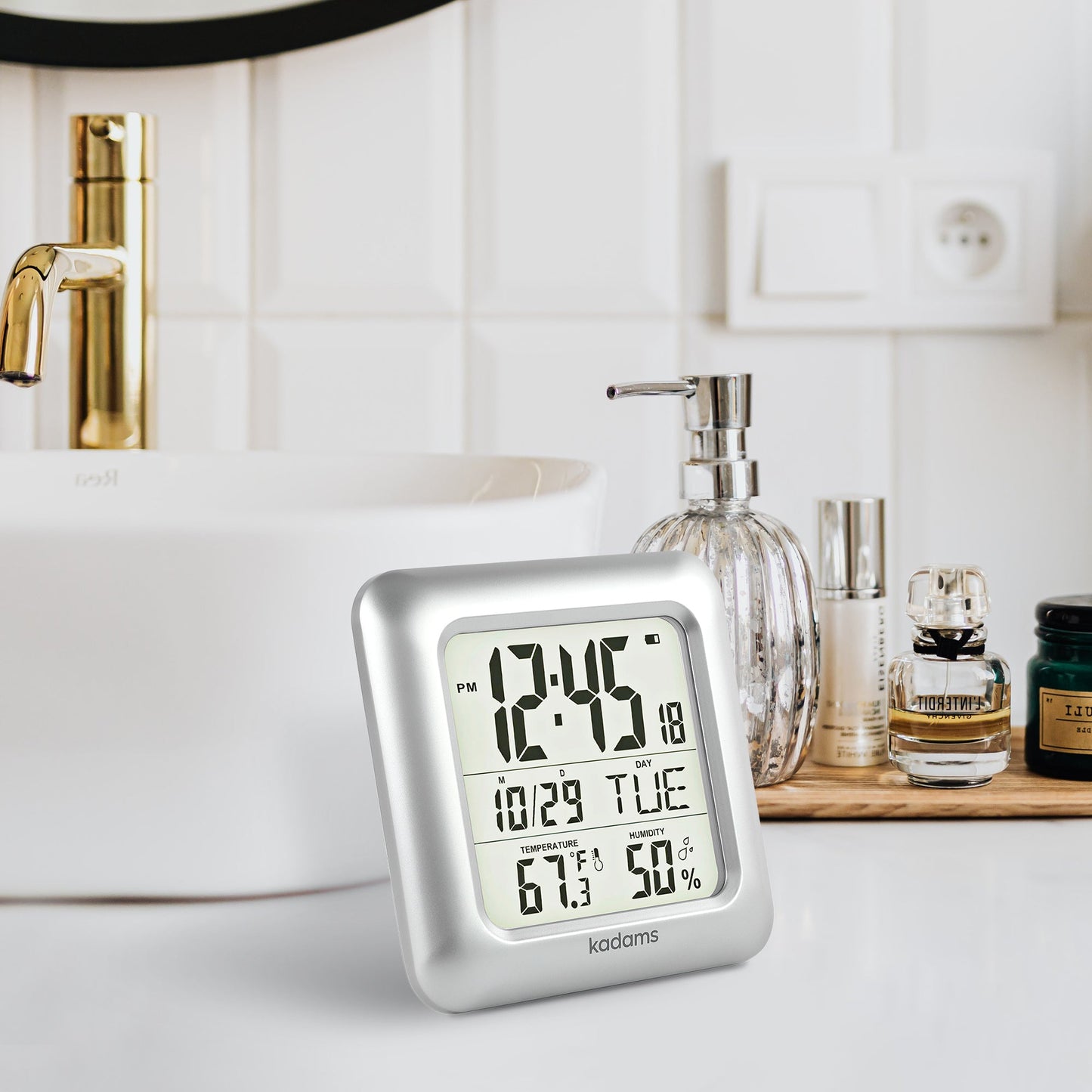 Kadams Bathroom Digital Clock with Large LCD Screen - Shower Wall Clock with Timer - Water Resistant - Temperature & Humidity Display - Calendar Display - 4 Mounting Options (Silver)