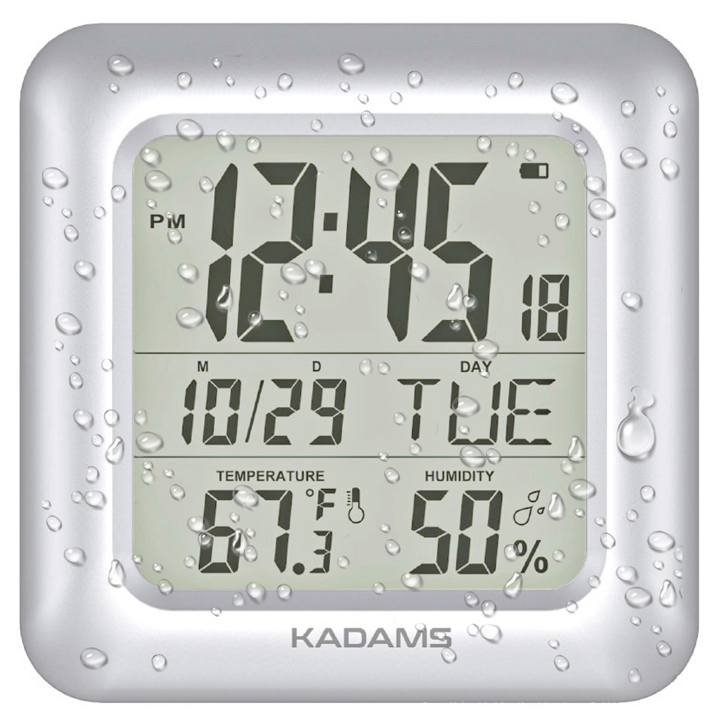 Kadams Bathroom Digital Clock with Large LCD Screen - Shower Wall Clock with Timer - Water Resistant - Temperature & Humidity Display - Calendar Display - 4 Mounting Options (Silver)