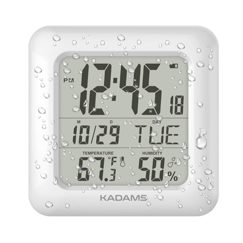 Kadams Bathroom Digital Clock with Large LCD Screen - Shower Wall Clock with Timer - Water Resistant - Temperature & Humidity Display - Calendar Display - 4 Mounting Options (White)