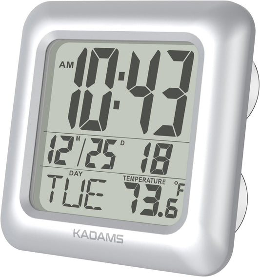 KADAMS Bathroom Shower Digital Wall Clock - Water Resistant - Large Display LED Wall Clock - Seconds Counter - Temperature & Calendar Display - Suction Cup, Multiple Mounting Options (Silver)