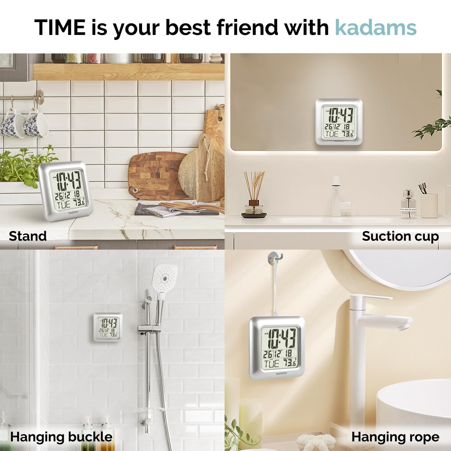 KADAMS Bathroom Shower Digital Wall Clock - Water Resistant - Large Display LED Wall Clock - Seconds Counter - Temperature & Calendar Display - Suction Cup, Multiple Mounting Options (Silver)