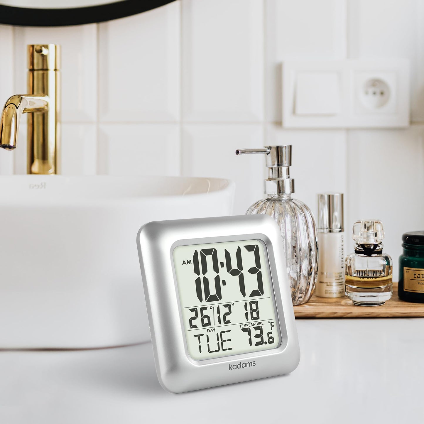 KADAMS Bathroom Shower Digital Wall Clock - Water Resistant - Large Display LED Wall Clock - Seconds Counter - Temperature & Calendar Display - Suction Cup, Multiple Mounting Options (Silver)